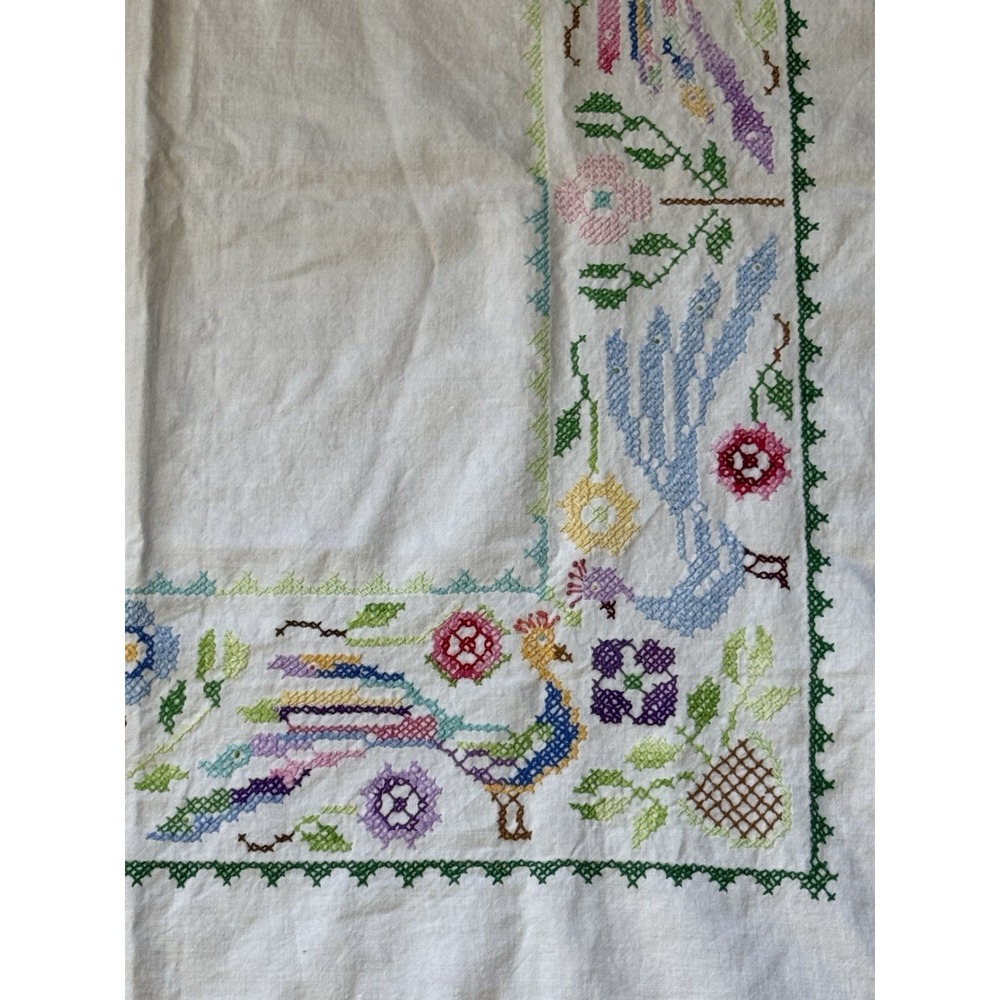 Vintage Scandinavian Folk Art Embroidered Linen Tablecloth Straight Edge 31x33
